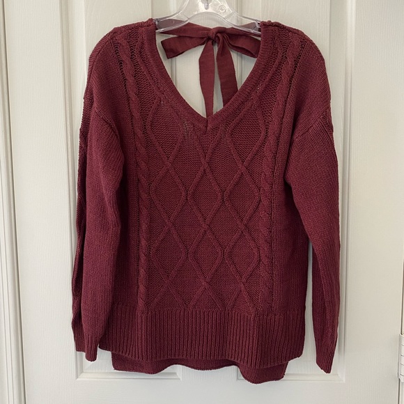 Cupcake Clothing Ltd. Burgundy V-Neck Cable Sweater With Tie Back NWT Si… - Picture 2 of 12
